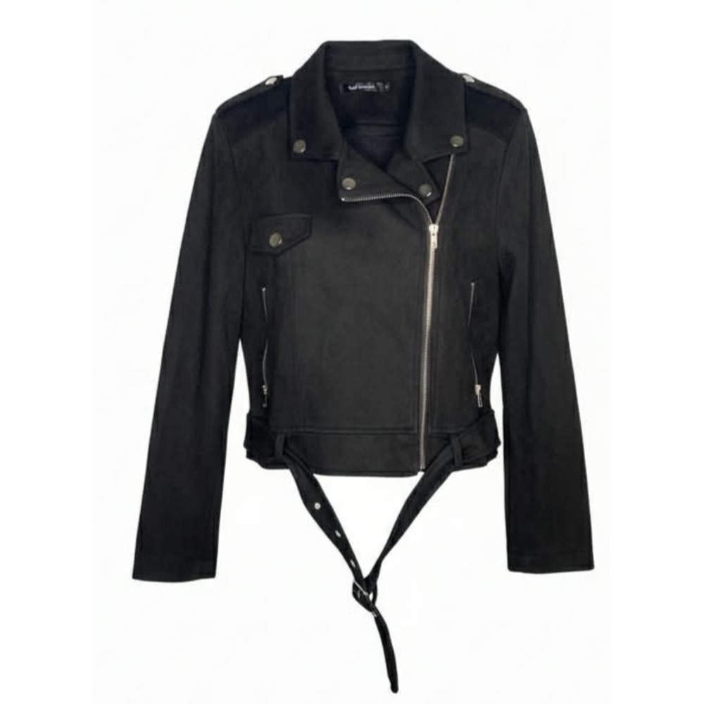 Apperloth A Jacket size small Black Faux Suede Moto Biker Belted Zip Goth Grunge